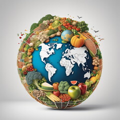 Darstellung einer Weltkugel mit  Lebensmittelketten, die die globale Ernährungssicherheit veranschaulicht.