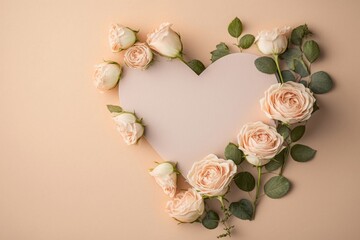  Top view flat lay image of small, delicate roses on a calming pastel beige background with an empty heart for an advertisement or message, Generative AI
