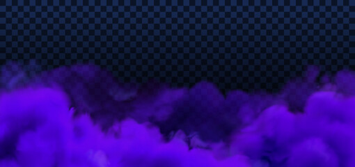 Purple Halloween transparent background. Vector magic smoke or fog background isolated. Violet realistic sky cloud effect - 632860844
