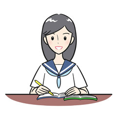 教科書とノートを開いて勉強をする女子学生（カラフル）