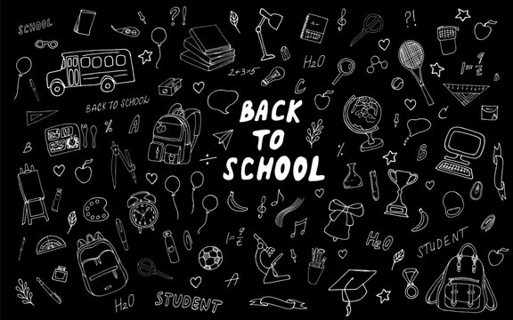 Set for schoolchildren and students.Back to school concept with objects.Student doodles, learning, lessons, school tools set.Hand drawn art..