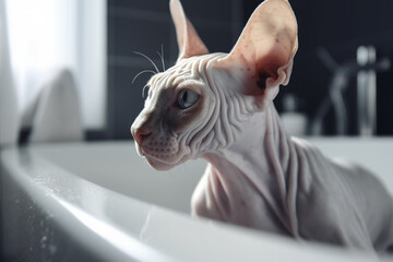 Hairless Sphynx Cat taking bath in bath tube. 