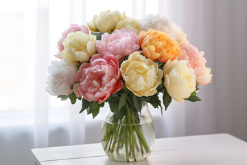 Bouquet of many colored peonies isolated on white background