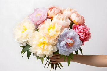 Woman hands holds a bouquet of many colored peonies isolated on white background