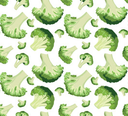 Broccoli pattern of different sizes isolated on white background. Seamless pattern in vector. Suitable for backgrounds and prints.