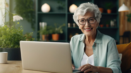 Fototapeta na wymiar Photography of a pleased, woman in his 90s that is working on a laptop wearing a casual outfit against a home office background.