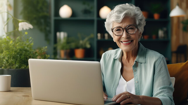 Photography of a pleased, woman in his 90s that is working on a laptop wearing a casual outfit against a home office background.