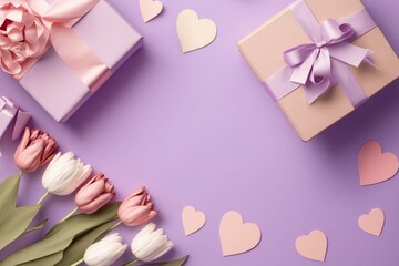  Mother's Day gifting concept . Top view of pretty pink present boxes with ribbon, carnation flowers on a soft pastel green background with space for text or, Generative AI
