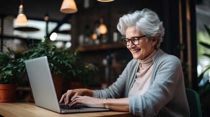 Photography of a pleased, woman in his 90s that is working on a laptop wearing a casual outfit against a home office background. Generative AI