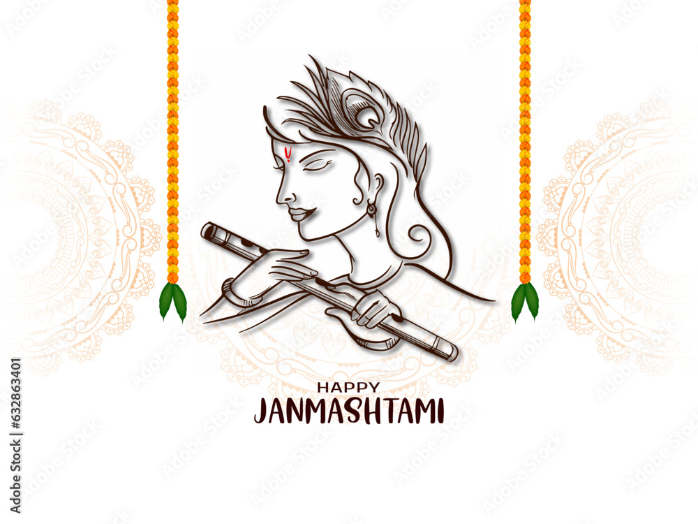 Wall mural happy janmashtami festival card with krishna line art design