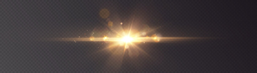 The effect of bright sunlight. Twinkling gold star on a transparent background.Bright light effect.	