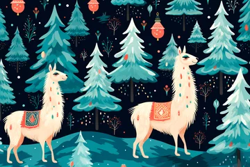Selbstklebende Fototapeten New Year's, Christmas llama pattern. Background, wallpaper © Uliana