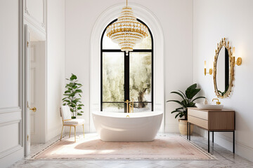 cuarto de baño clásico en edificio antiguo con techos altos, con bañera blanca con patas y lamparas lujosas. ilustracion de ia generativa