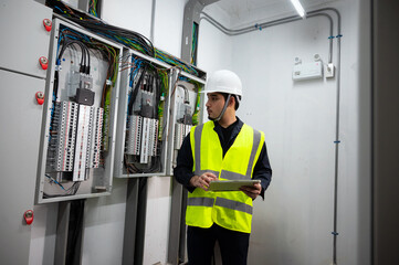 Naklejka na ściany i meble Electrical Engineer team working front control panel, An electrical engineer is installing and using a tablet to monitor the operation of an electrical control panel in a factory service room..