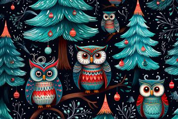 New Year, Christmas owl and Christmas tree pattern. Background, wallpaper