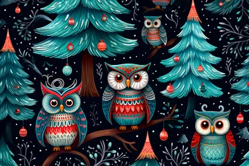 Deurstickers New Year, Christmas owl and Christmas tree pattern. Background, wallpaper © Uliana