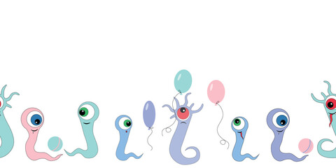 Vector seamless border of cartoon monsters and balls on white background.