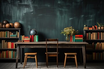 Bookshelf and vintage writing desk with books and decorations on black background