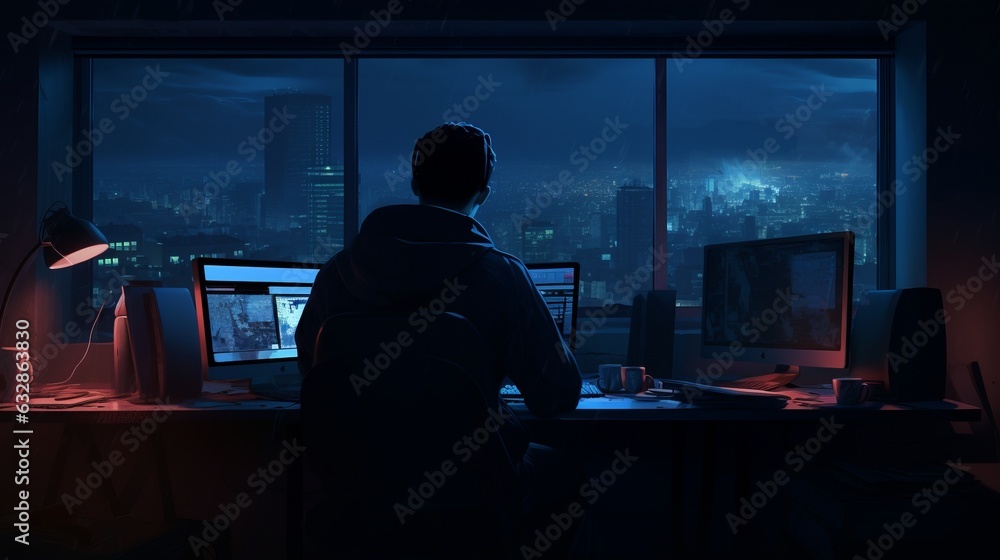 Aufkleber nighttime work: man at desk with multiple computer monitors, generative ai