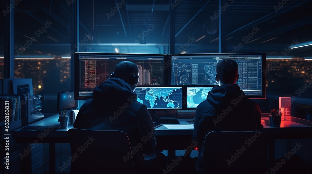 Aufkleber nighttime work: man at desk with multiple computer monitors, generative ai