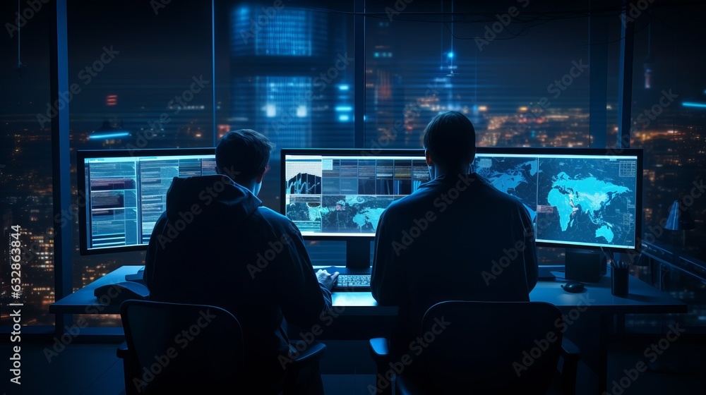 Aufkleber nighttime work: man at desk with multiple computer monitors, generative ai