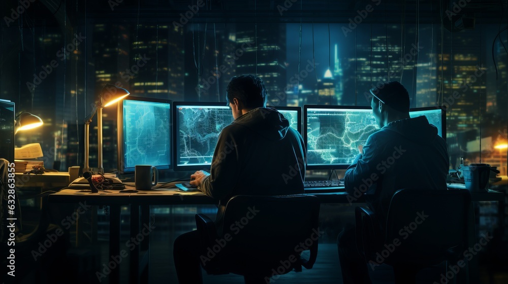 Aufkleber nighttime work: man at desk with multiple computer monitors, generative ai