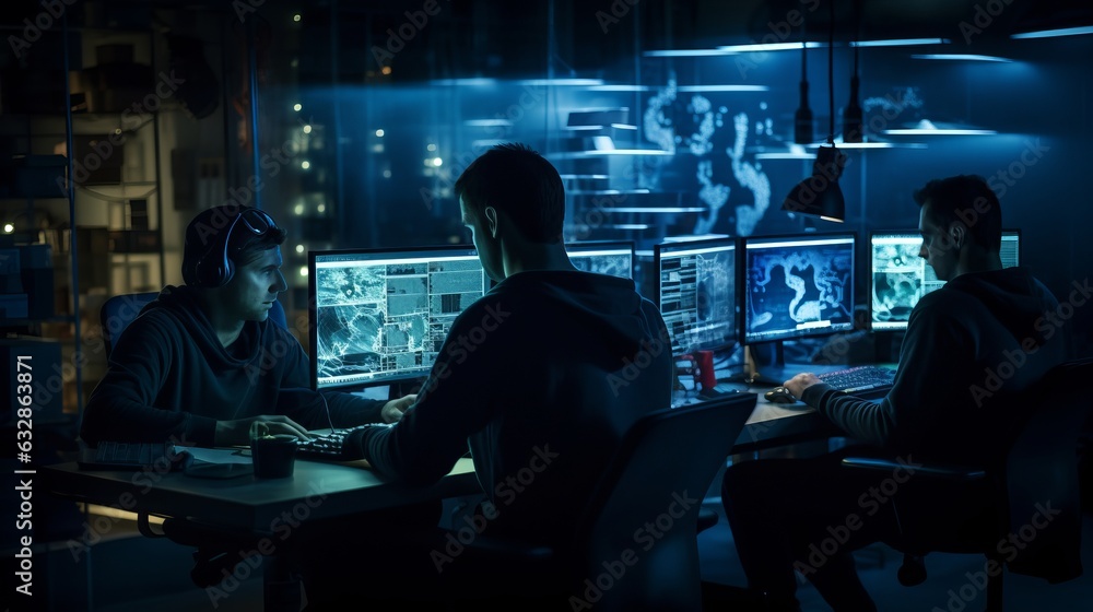 Aufkleber late night coding: men working at computers in dimly lit room, generative ai