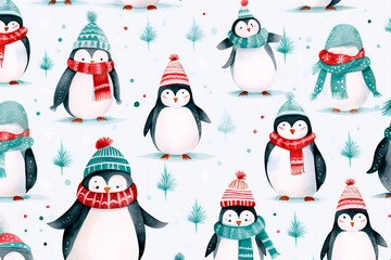 New Year, Christmas tree and penguin pattern. Background, wallpaper