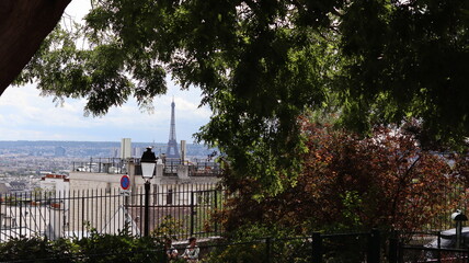 Paris, city view from a small park with trees and the Eiffel tower