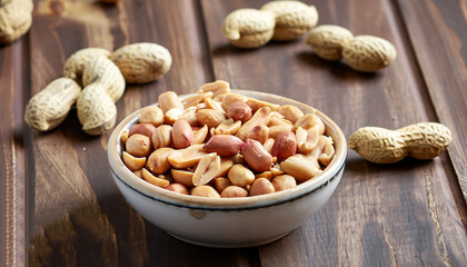 Roasted peanuts and salt in a bowl on a wooden background, selective focus