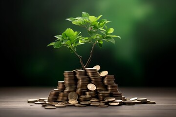 Wealth and Growth: Money Stack with Flourishing Plant on Top, Copy Space, Generative AI