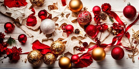 Christmas decorations, red and white balls and red ribbons with various other decorations on a white wooden table - AI-Generated