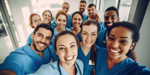 Group of male and female doctors and nurses in a modern medical center, selfie, generative AI