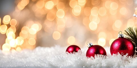 Three red balls Christmas decorations on snow with lights in the background. - AI-Generated