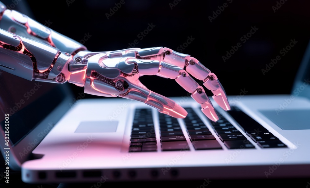 Poster futuristic robot hand operating laptop computer with illuminated white screen, generative ai