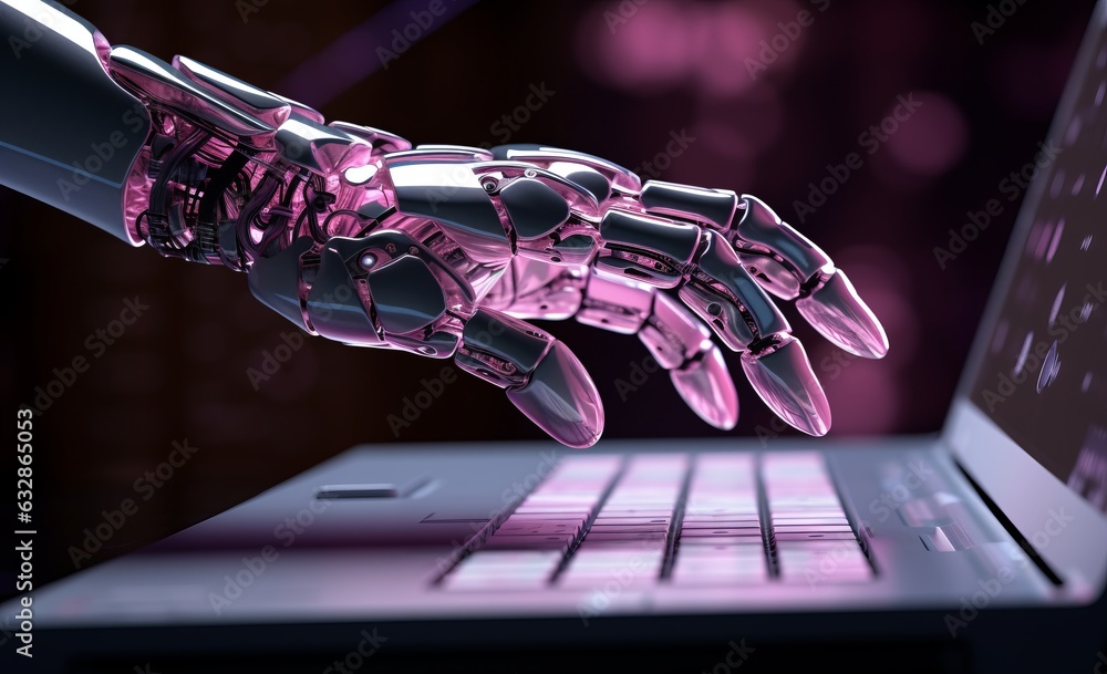 Poster futuristic robot hand operating laptop computer with illuminated white screen, generative ai