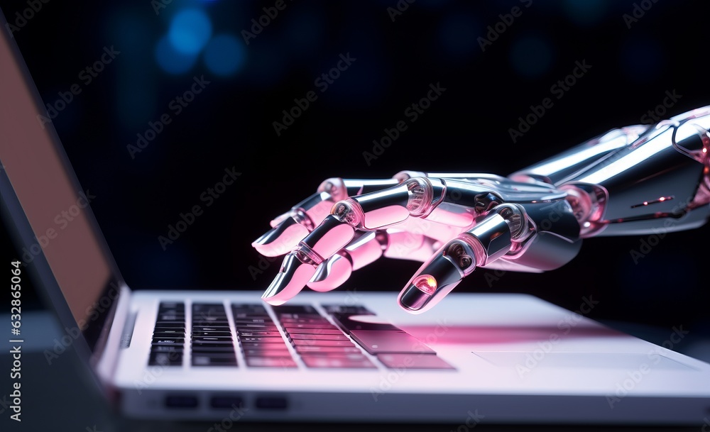 Poster futuristic robot hand operating laptop computer with illuminated white screen, generative ai