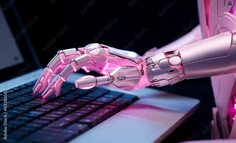 Poster futuristic robot hand operating laptop computer with illuminated white screen, generative ai