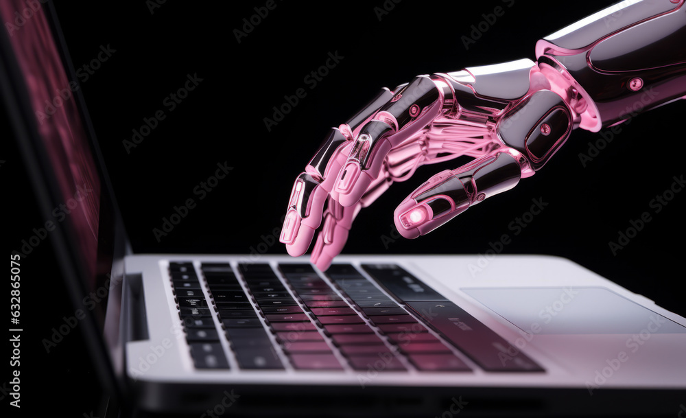 Poster futuristic robot hand operating laptop computer with illuminated white screen, generative ai