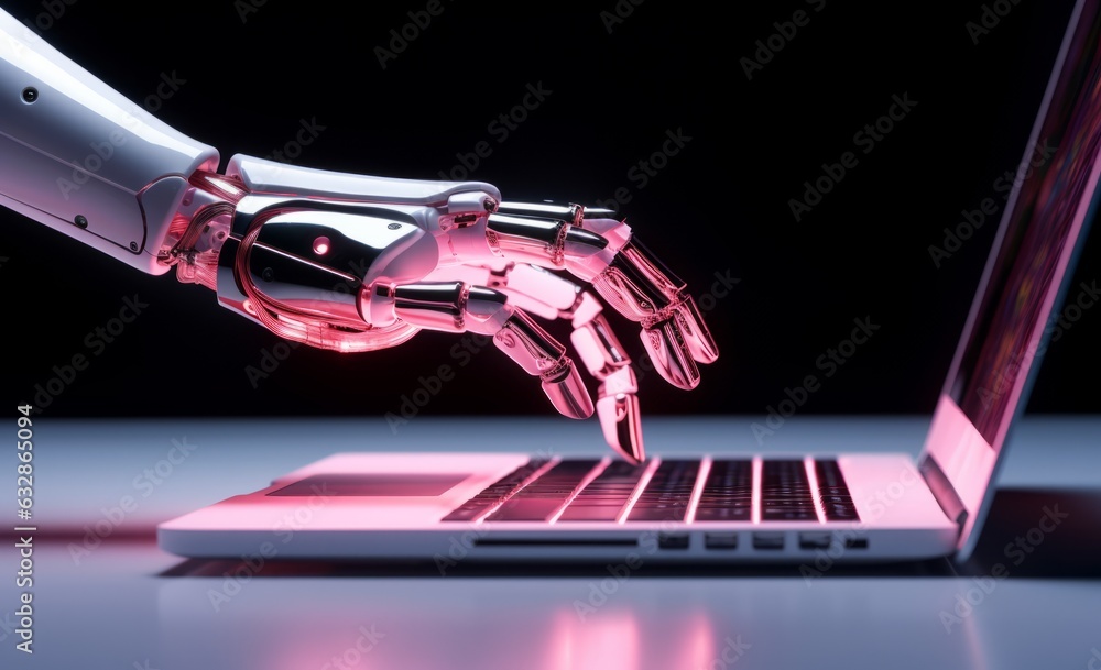 Poster futuristic robot hand operating laptop computer with illuminated white screen, generative ai