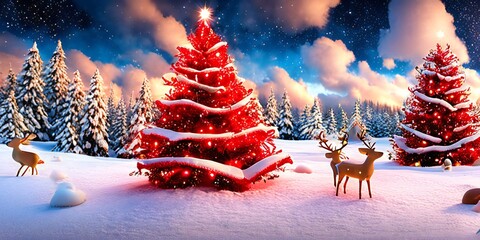 Christmas trees, two red, and reindeer in a snowy field with an evening sky - AI-Generated