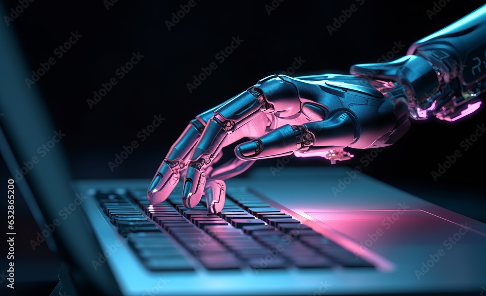 Poster futuristic robot hand typing on blue digital background with technology concept and copy space, gene