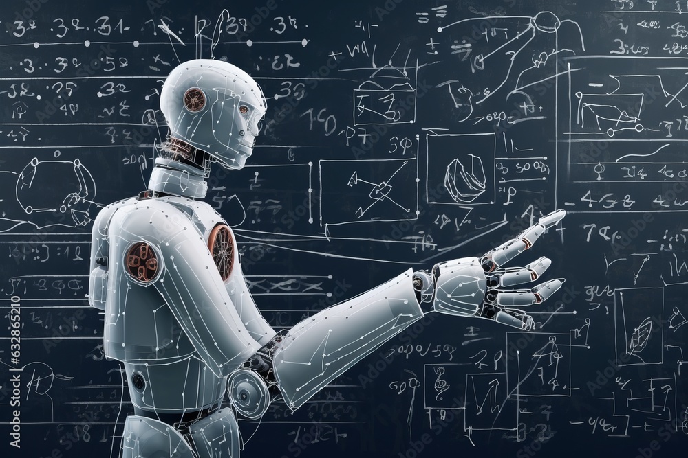 Aufkleber robotic hands drawing mathematical formulas in front of a chalkboard, generative ai