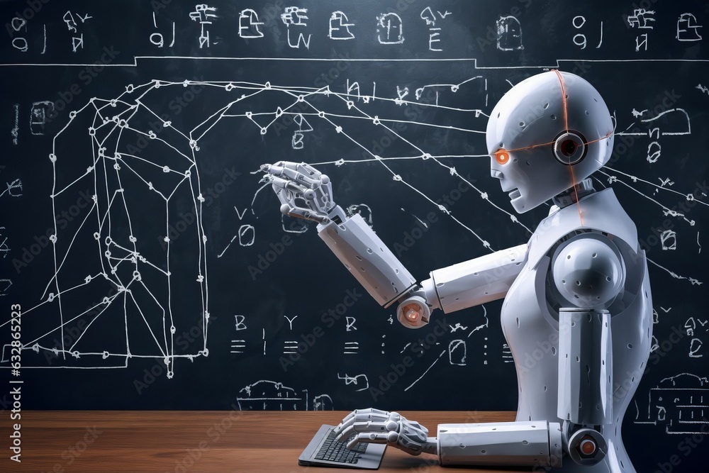 Aufkleber robotic hands drawing mathematical formulas in front of a chalkboard, generative ai