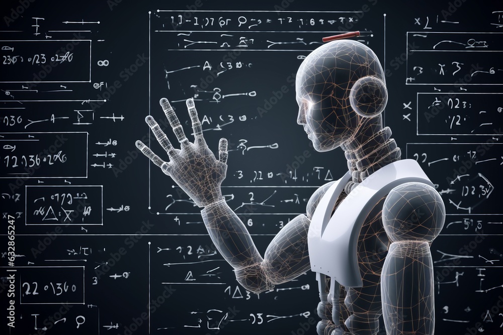 Aufkleber robotic hands drawing mathematical formulas in front of a chalkboard, generative ai