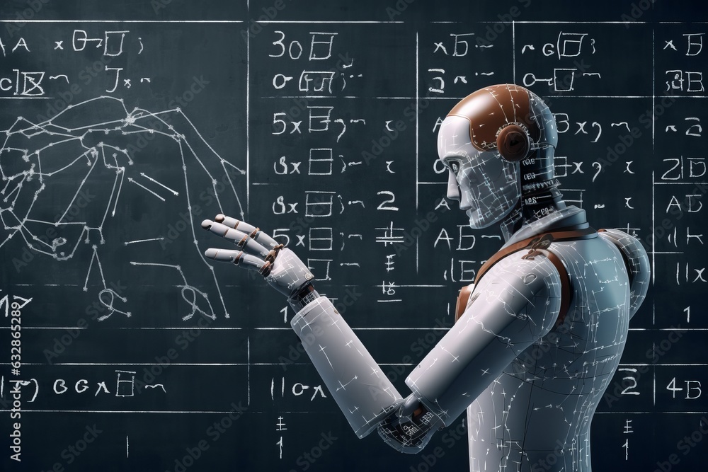 Aufkleber robotic hands drawing mathematical formulas in front of a chalkboard, generative ai