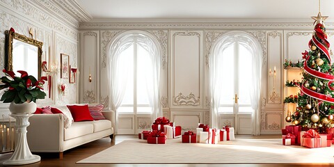 Christmas tree and presents in large room with windows and sofa and white walls - AI-Generated
