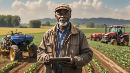 Black farmer, clutching a tablet, stands beside a parked tractor on the serene farmland, embodying a harmonious blend of tradition and technological advancement.