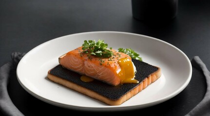 a piece of salmon on a black and white plate