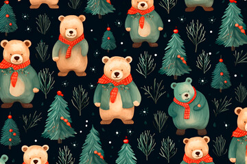 New Year, Christmas pattern polar bear and Christmas trees. Background, wallpaper. AI generated